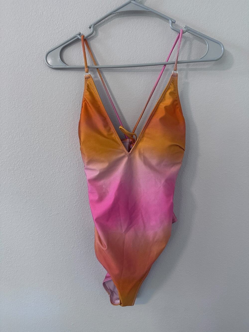 H&M womens swimsuit size small pink orange ombre one piece high leg